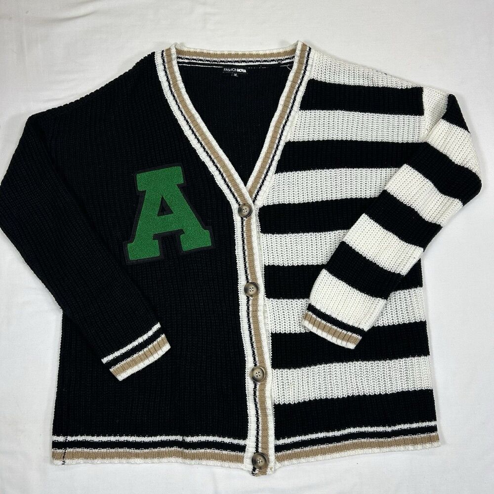Fashion Nova Colorblock Striped Varsity Cardigan Sweater Letter A Patch Preppy